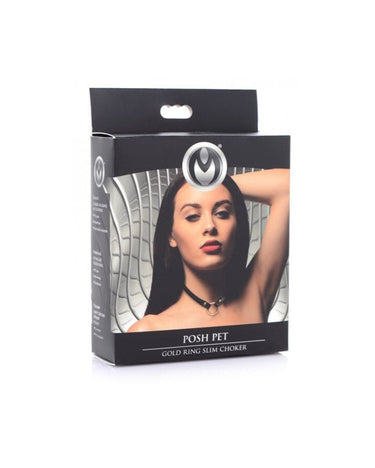 Packaging of the Posh Pet Gold Ring Slim Beginner Bondage Choker, elegantly presented with a model showcasing the luxurious accessory for stylish bondage.